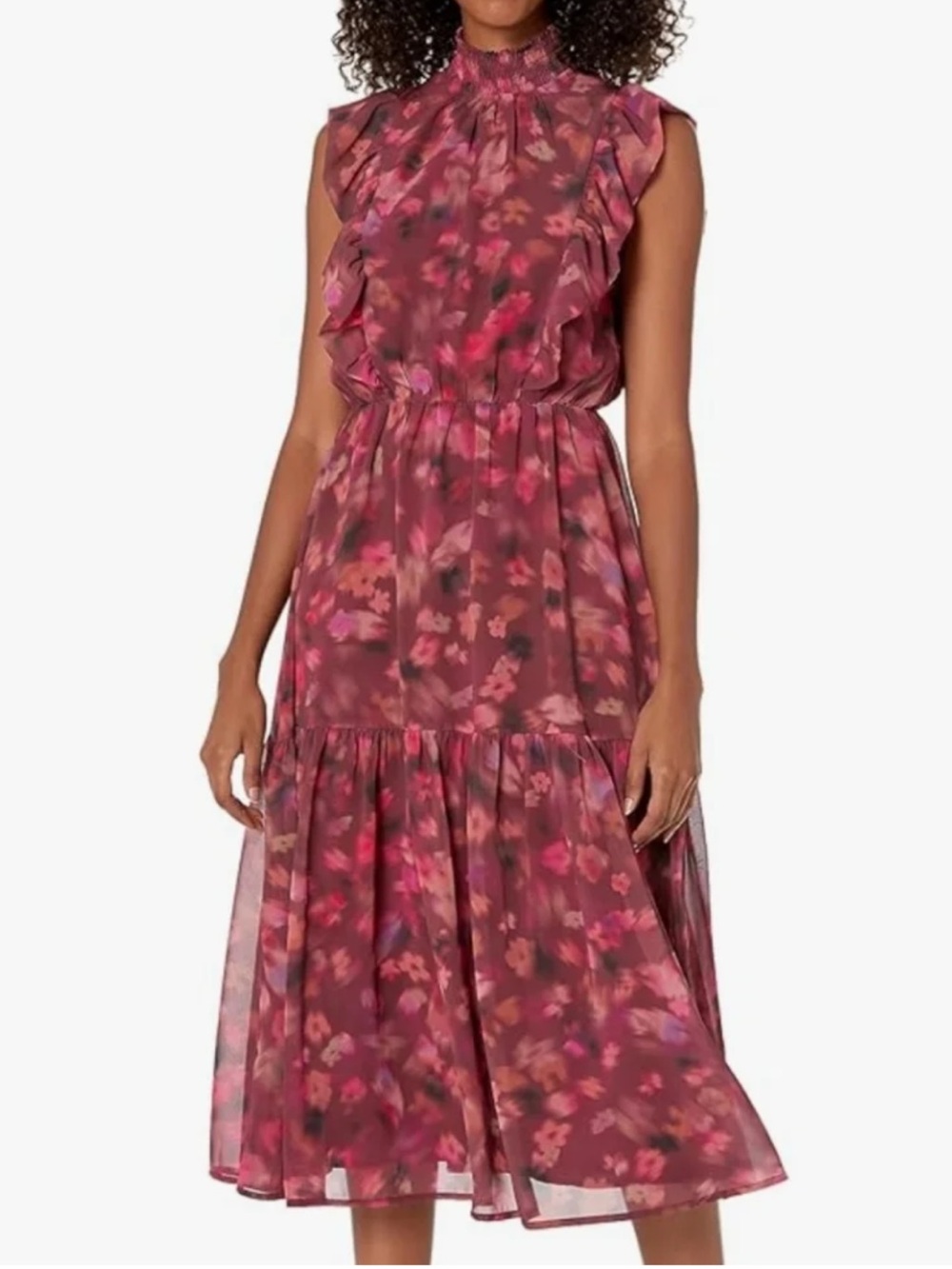 Steve Madden Anna Floral Mock Neck Midi Dress burgundy floral print Small